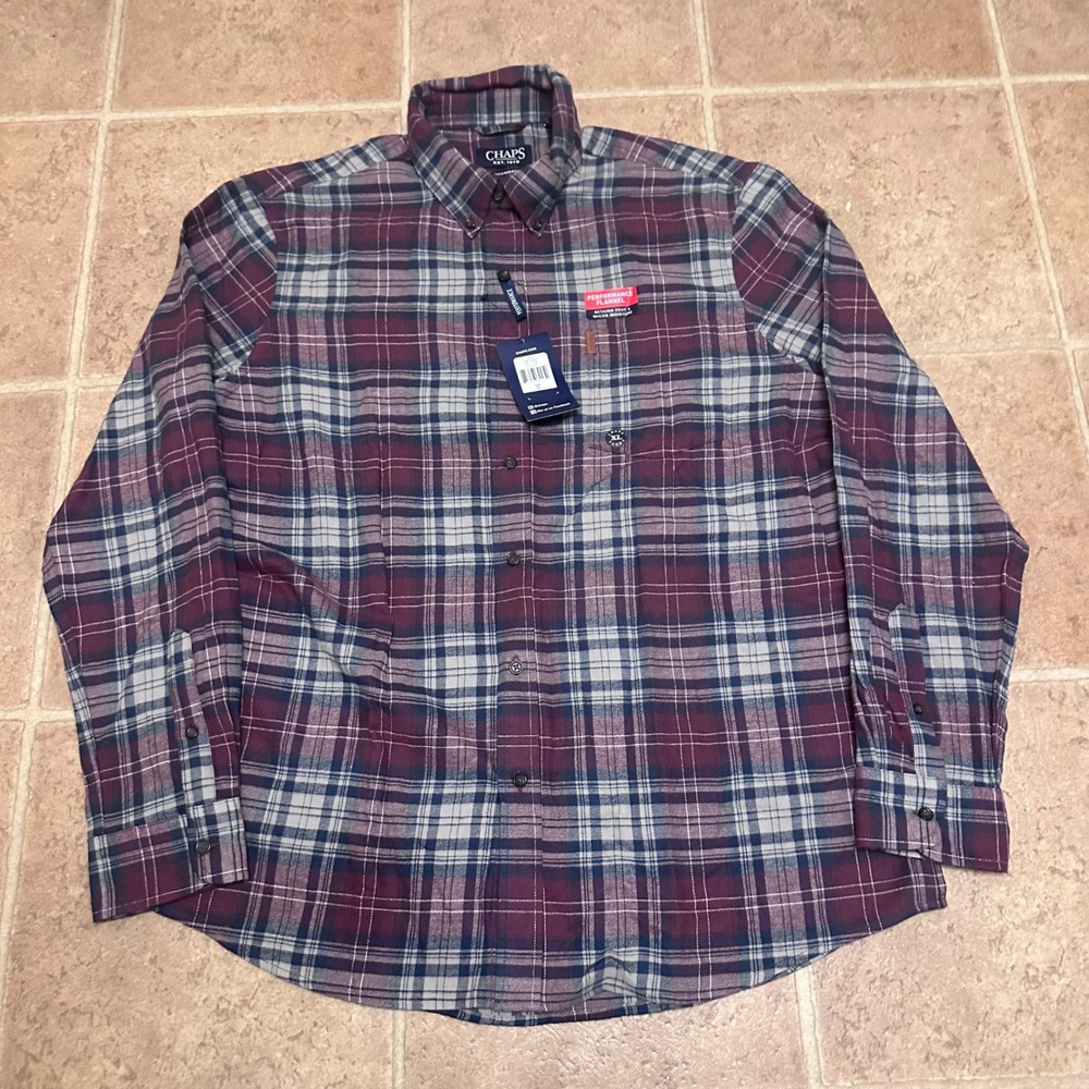 Chaps Performance Flannel Mens XL Rich Ruby NWT Plaid Button Down Shirt